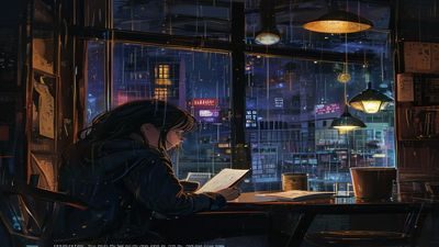 雨夜咖啡馆内侦探少女翻阅卷宗，窗外霓虹灯光映照，牛奶动漫悬疑推理番剧剧照